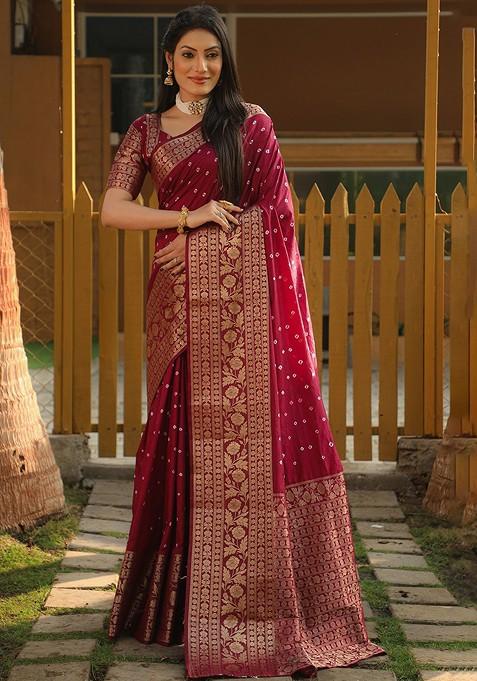 Maroon Bandhani Print Woven Pure Silk Saree Set