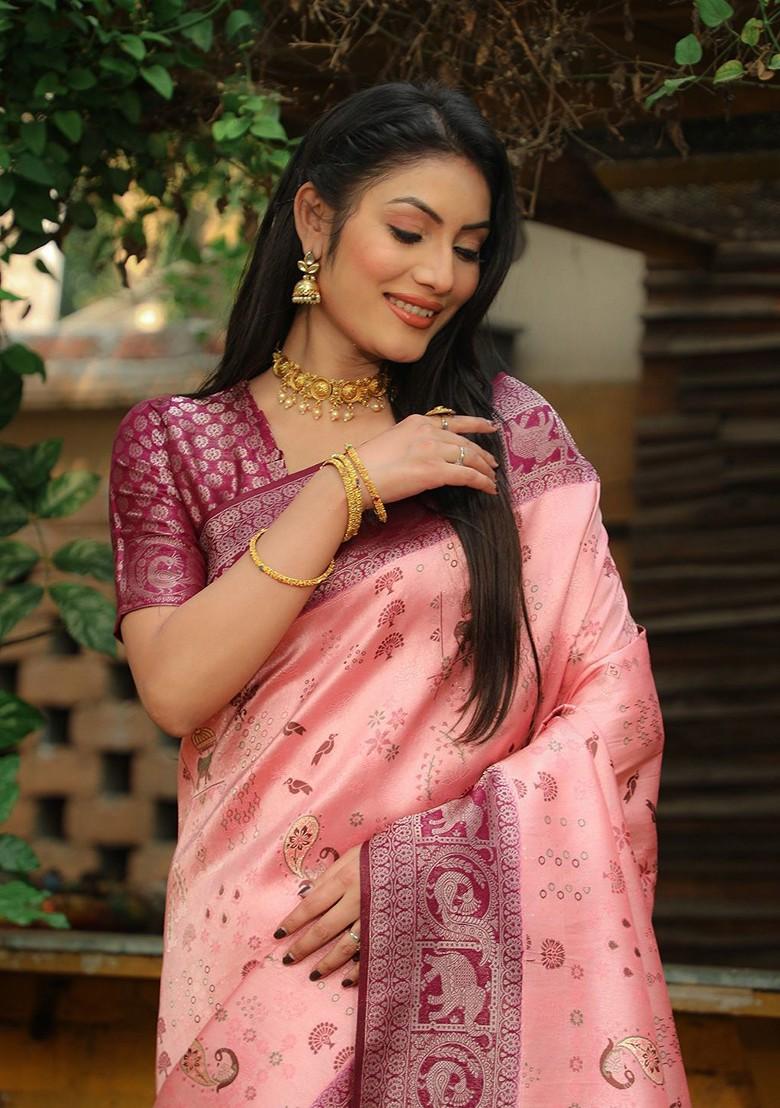 Pink Woven Pure Kanjeevaram Silk Saree Set