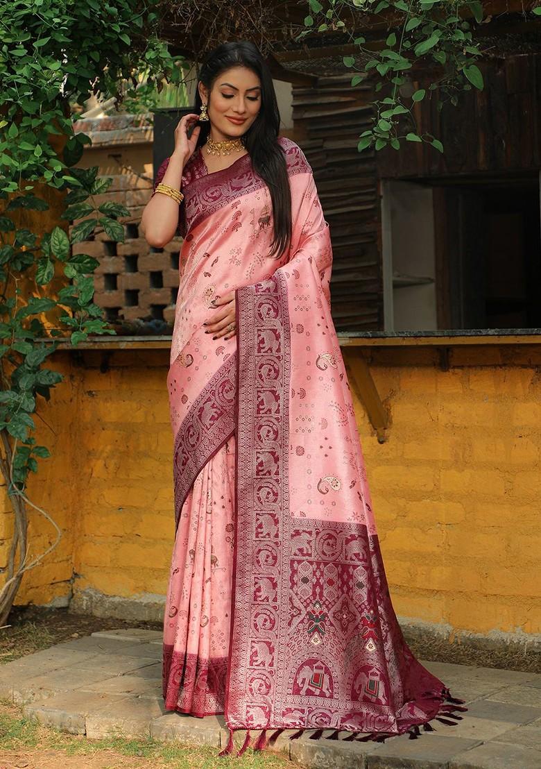 Pink Woven Pure Kanjeevaram Silk Saree Set