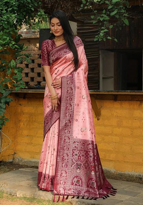 Pink Woven Pure Kanjeevaram Silk Saree Set