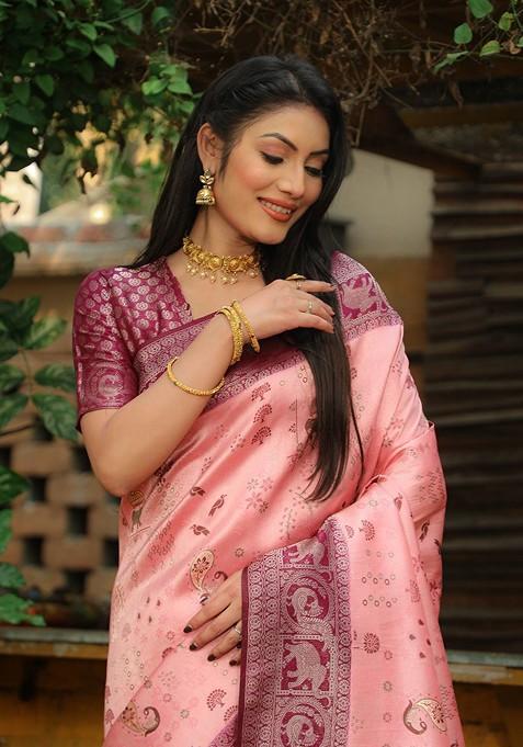Pink Woven Pure Kanjeevaram Silk Saree Set