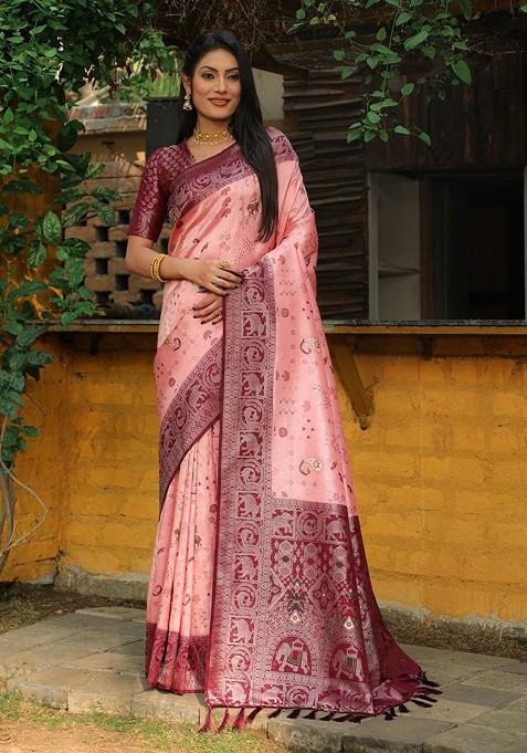 Pink Woven Pure Kanjeevaram Silk Saree Set