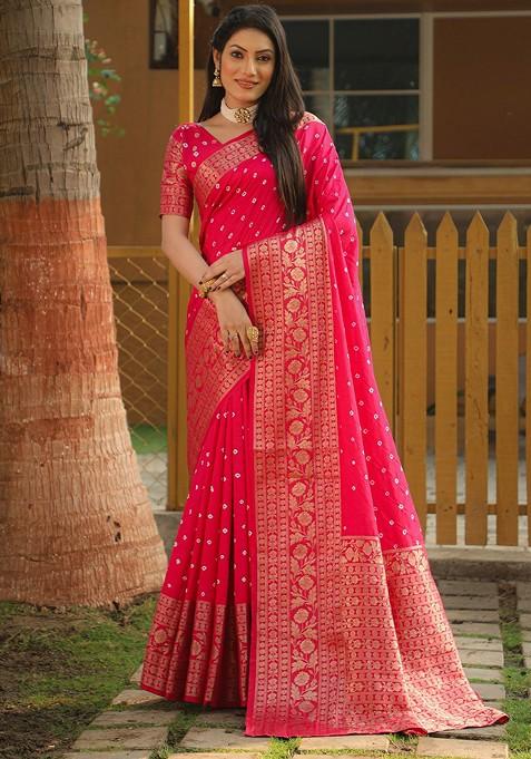 Pink Bandhani Print Ethnic Motifs Woven Zari Pure Silk Saree Set