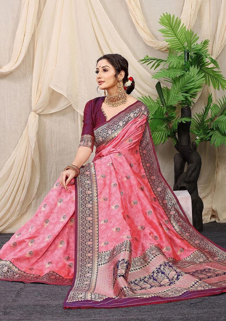 Peach Ethnic Motifs Woven Zari Pure Banarasi Silk Saree Set