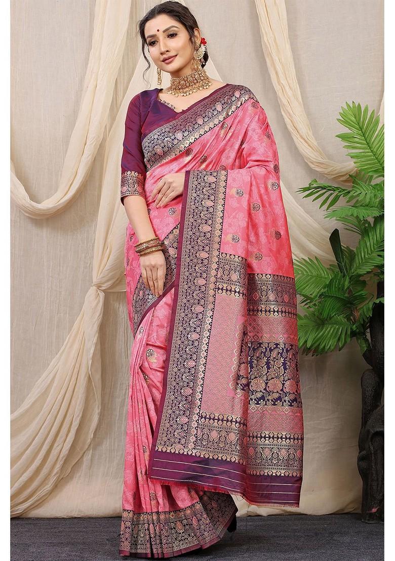 Peach Ethnic Motifs Woven Zari Pure Banarasi Silk Saree Set