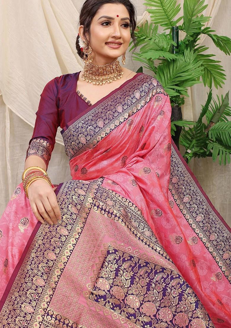 Peach Ethnic Motifs Woven Zari Pure Banarasi Silk Saree Set