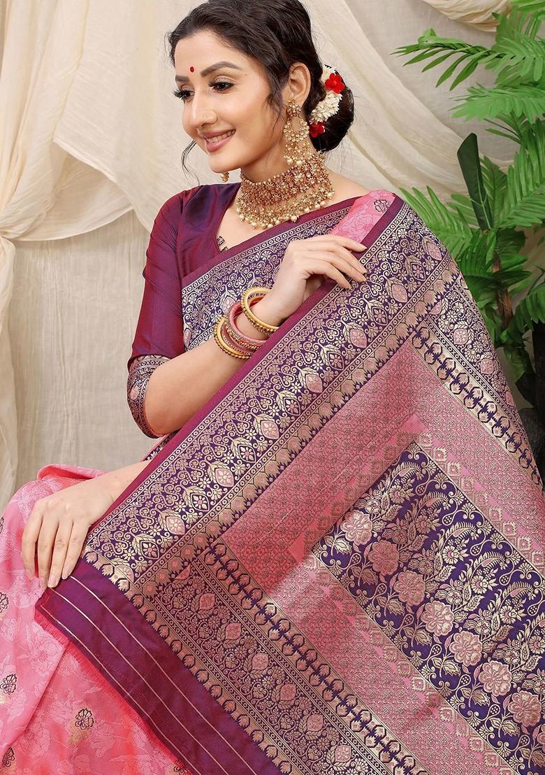 Peach Ethnic Motifs Woven Zari Pure Banarasi Silk Saree Set