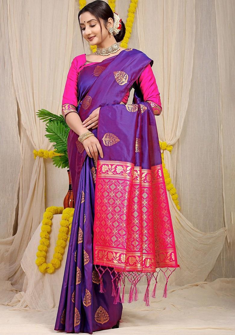 Magenta Ethnic Motifs Woven Zari Pure Banarasi Silk Saree Set