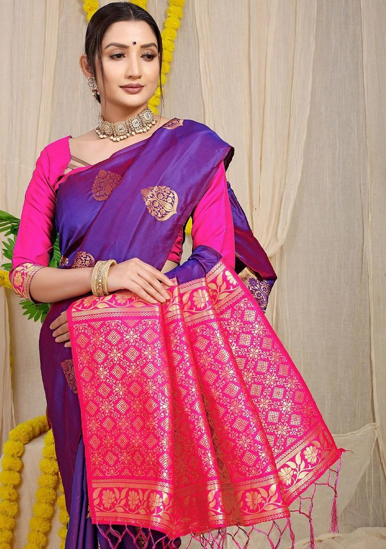 Magenta Ethnic Motifs Woven Zari Pure Banarasi Silk Saree Set