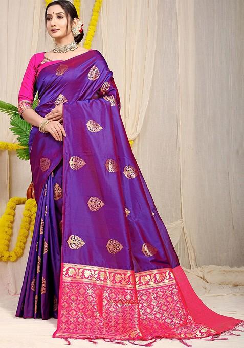 Magenta Ethnic Motifs Woven Zari Pure Banarasi Silk Saree Set