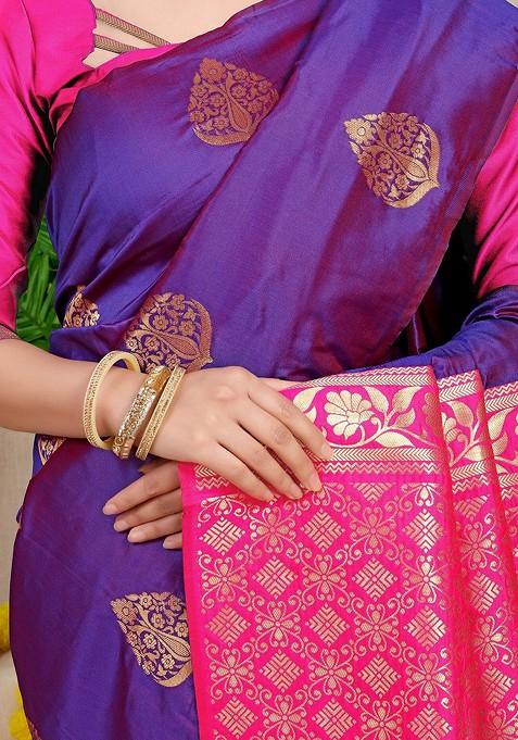 Magenta Ethnic Motifs Woven Zari Pure Banarasi Silk Saree Set