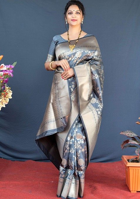 Grey Floral Print Woven Zari Pure Banarasi Silk Saree Set