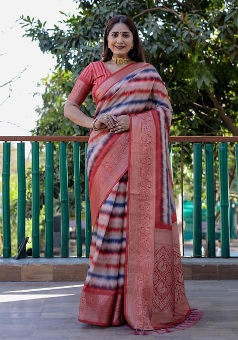 Red Ombre Bandhani Print Zari Pure Silk Saree Set