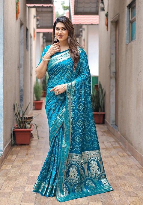 Teal Bandhani Print Pure Silk Saree Set