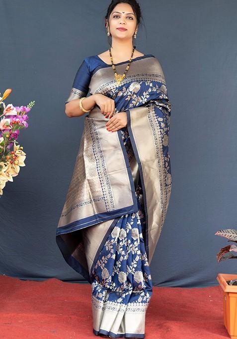 Navy Blue Floral Print Woven Zari Pure Banarasi Silk Saree Set