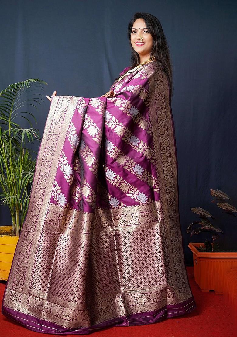 Purple Floral Print Woven Zari Pure Banarasi Silk Saree Set