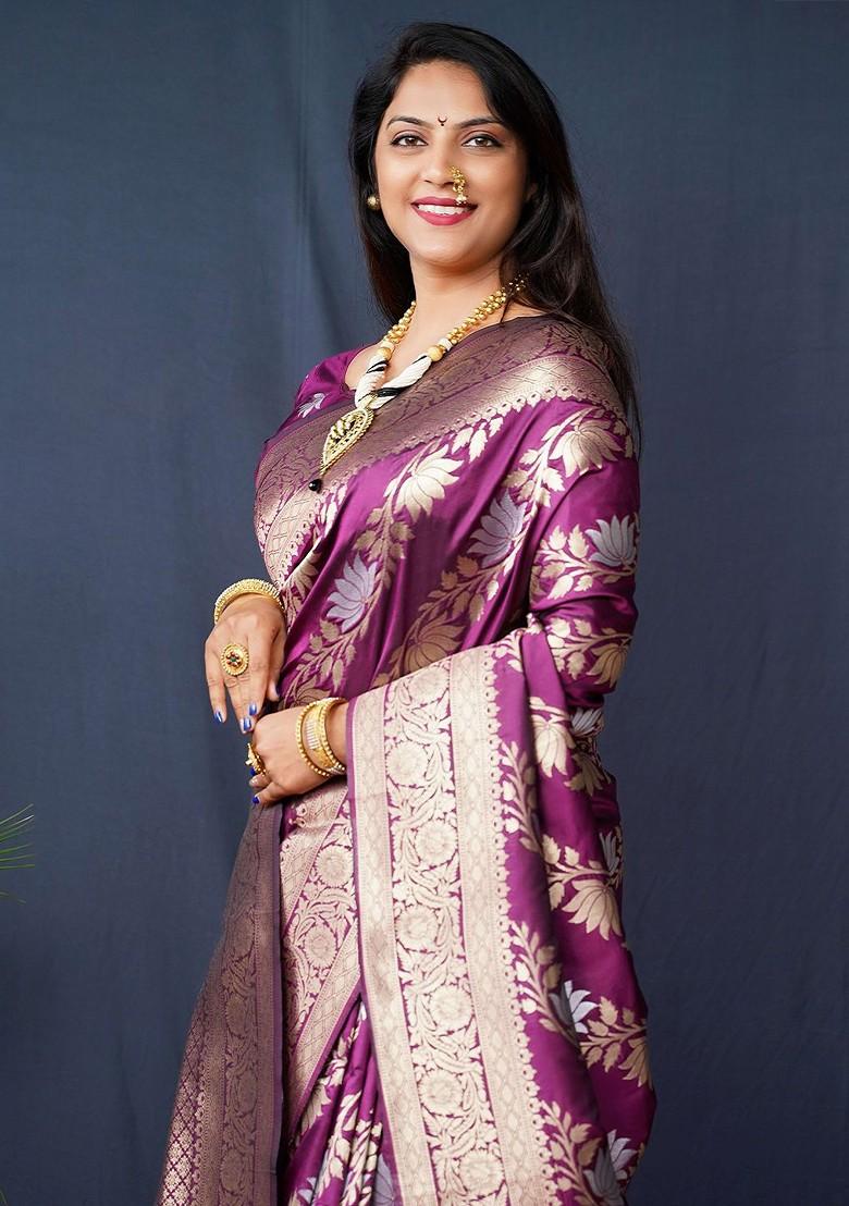 Purple Floral Print Woven Zari Pure Banarasi Silk Saree Set