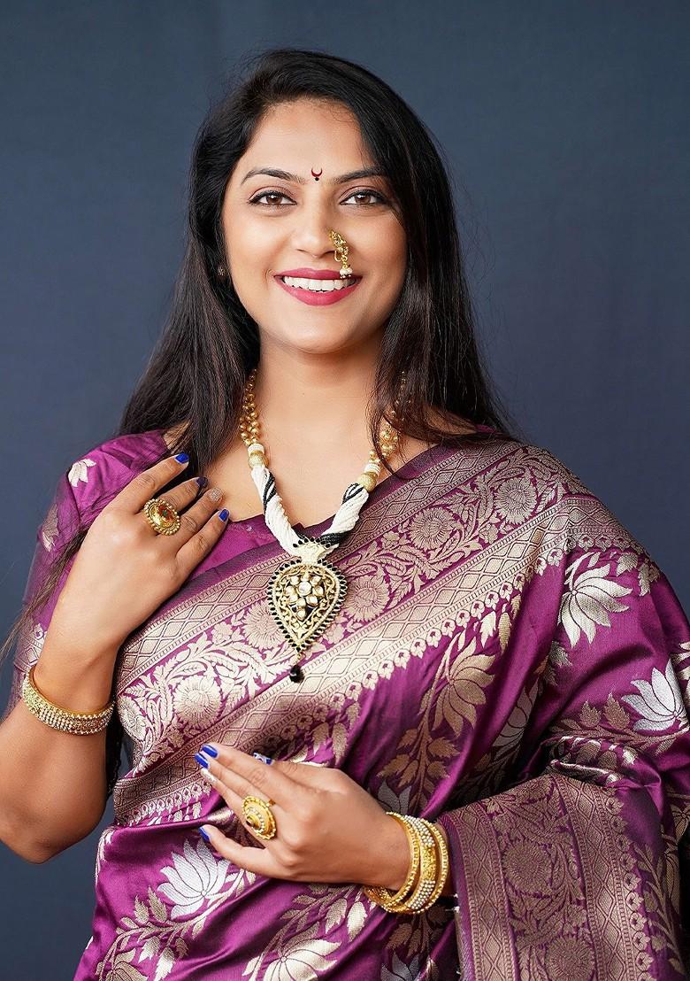 Purple Floral Print Woven Zari Pure Banarasi Silk Saree Set