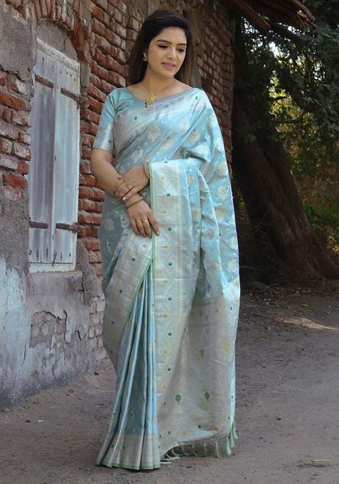 Blue Woven Zari Pure Kanjeevaram Silk Saree Set