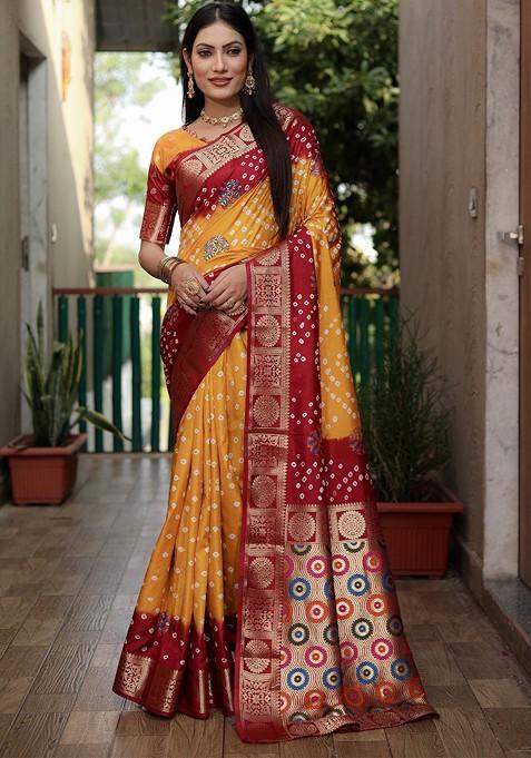 Yellow Bandhani Print Zari Pure Silk Saree Set