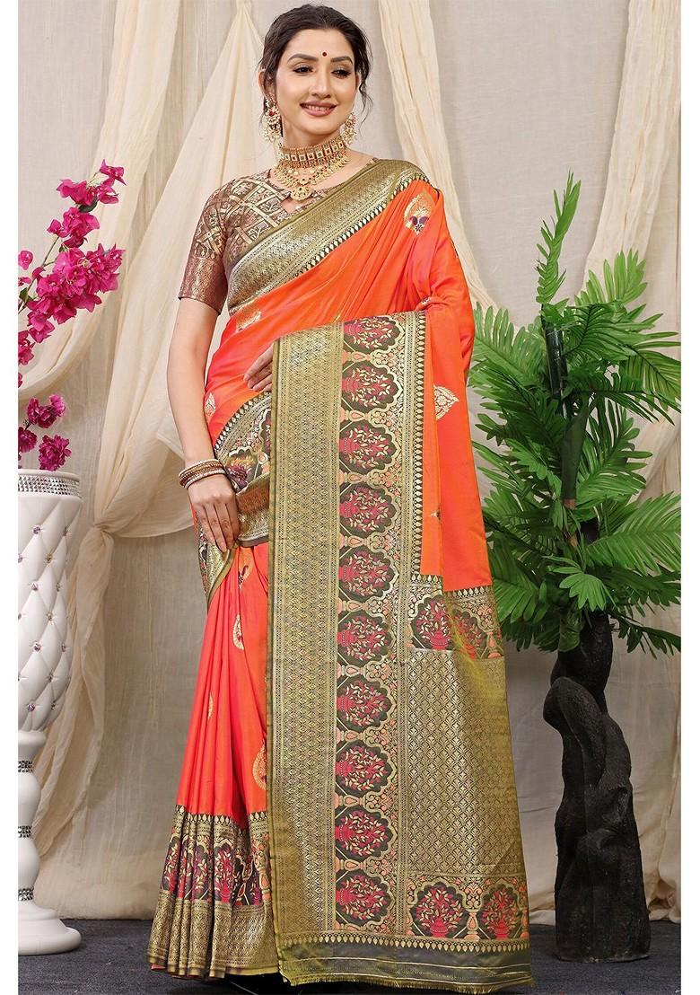 Orange Ethnic Motifs Woven Zari Pure Banarasi Silk Saree Set