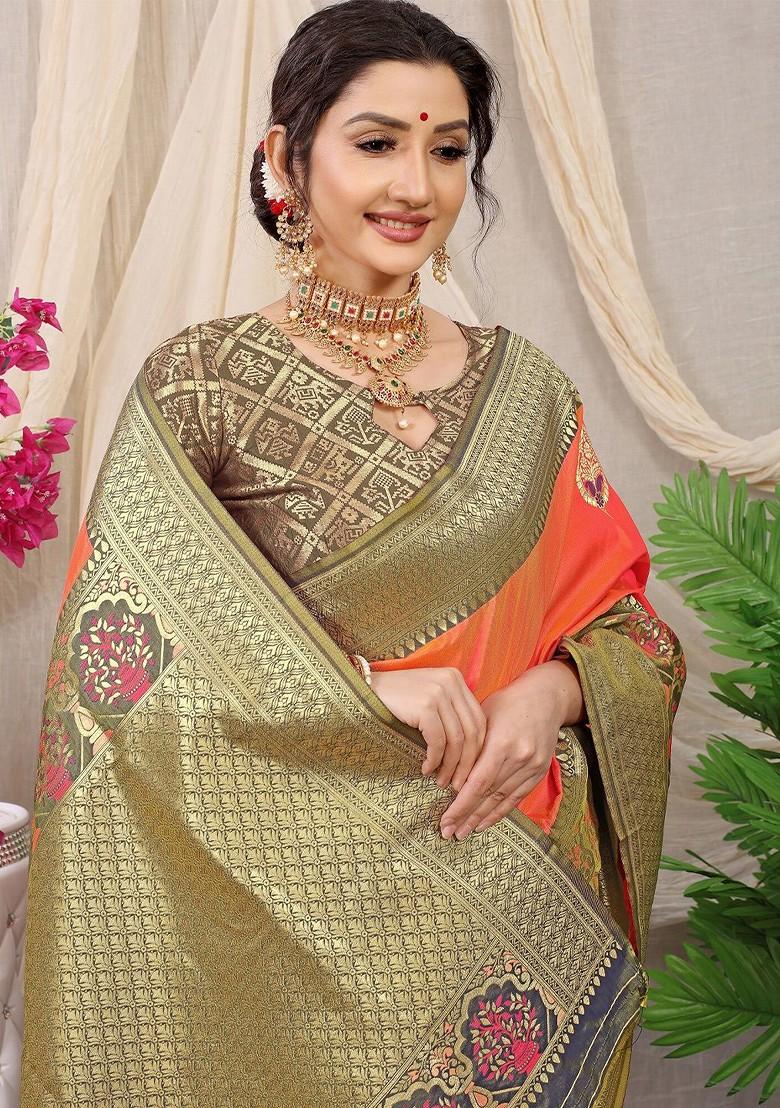 Orange Ethnic Motifs Woven Zari Pure Banarasi Silk Saree Set