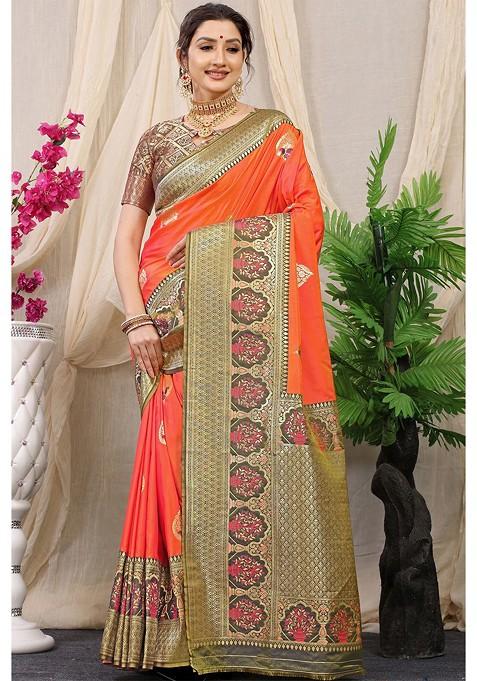 Orange Ethnic Motifs Woven Zari Pure Banarasi Silk Saree Set