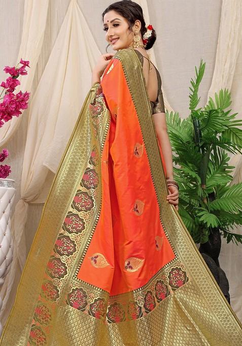 Orange Ethnic Motifs Woven Zari Pure Banarasi Silk Saree Set