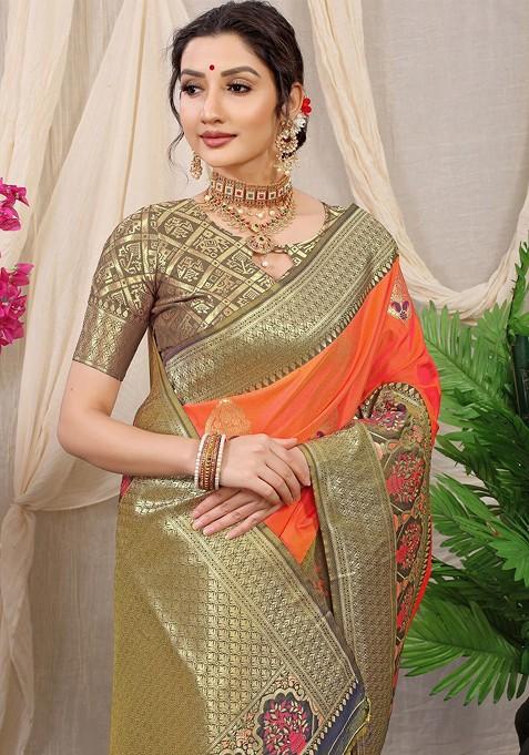 Orange Ethnic Motifs Woven Zari Pure Banarasi Silk Saree Set