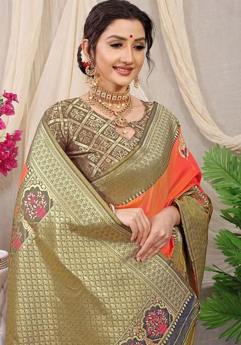 Orange Ethnic Motifs Woven Zari Pure Banarasi Silk Saree Set