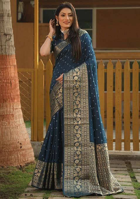 Teal Woven Pure Silk Saree Set