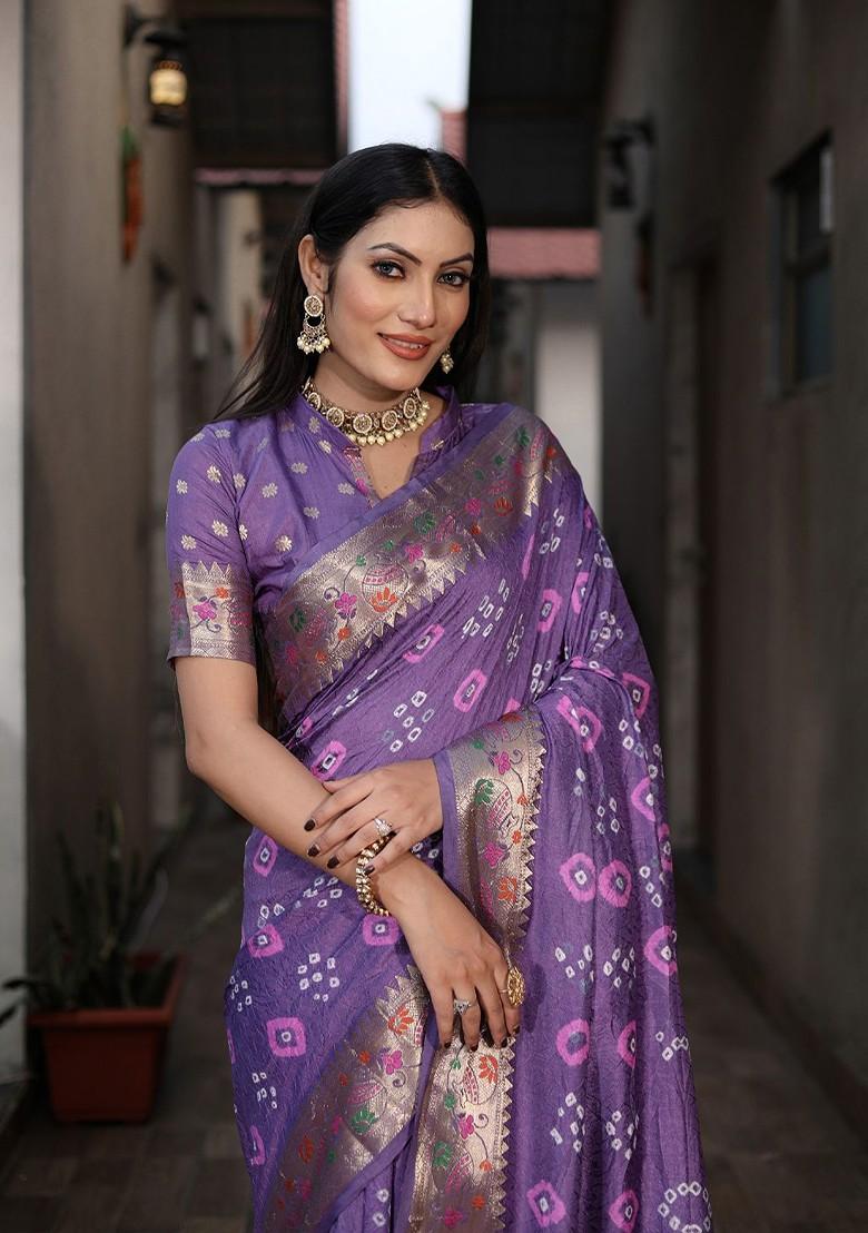 Purple Bandhani Zari Pure Silk Bandhani Saree Set