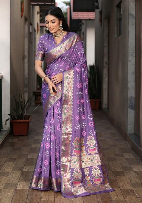 Purple Bandhani Zari Pure Silk Bandhani Saree Set