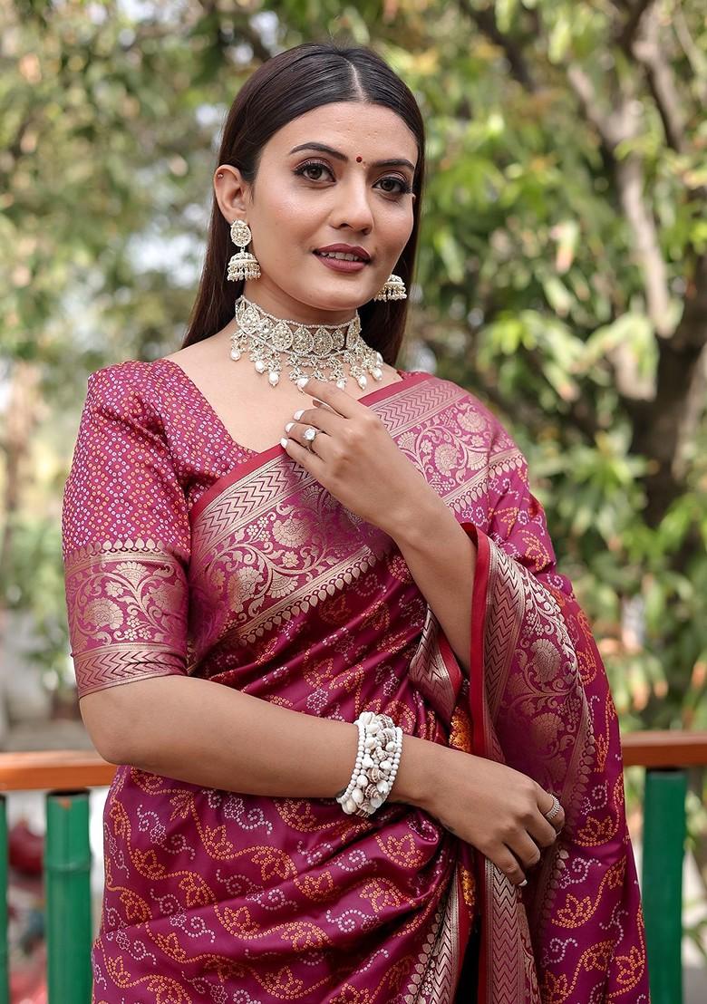 Purple Bandhani Print Zari Woven Pure Silk Saree Set