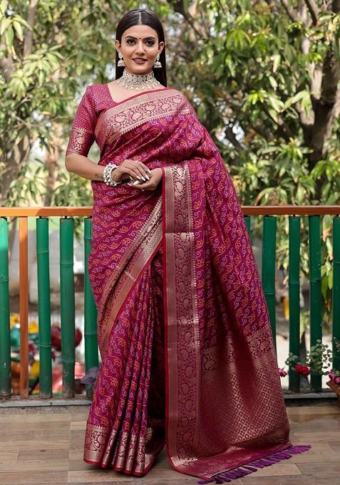 Purple Bandhani Print Zari Woven Pure Silk Saree Set