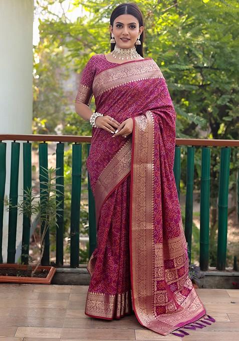 Purple Woven Pure Silk Bandhani Saree Set