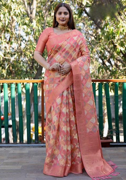 Peach Bandhani Pure Silk Saree Set