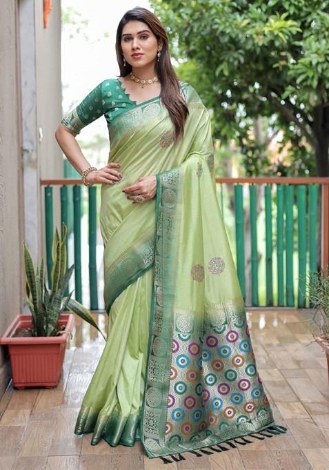 Green Woven Pure Silk Saree Set