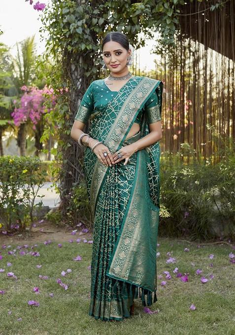 Green Woven Zari Pure Kanjeevaram Silk Saree Set