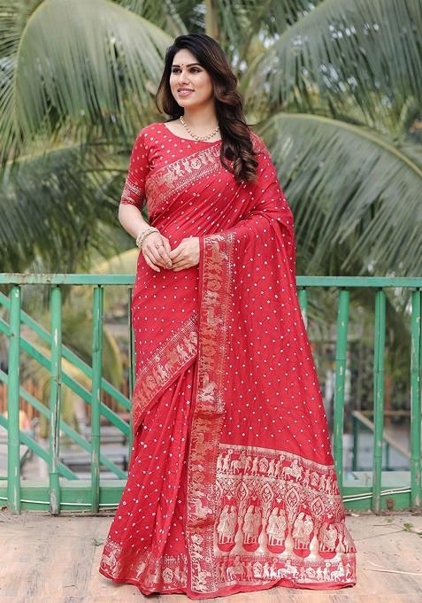 Red Woven Zari Pure Silk Bandhani Saree Set