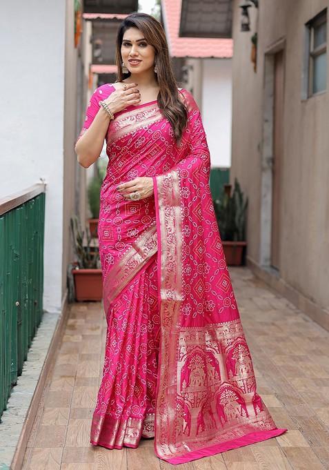 Pink Printed Pure Silk Bandhani Saree Set