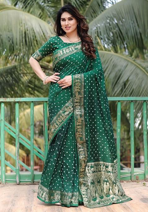 Green Pure Silk Bandhani Saree Set