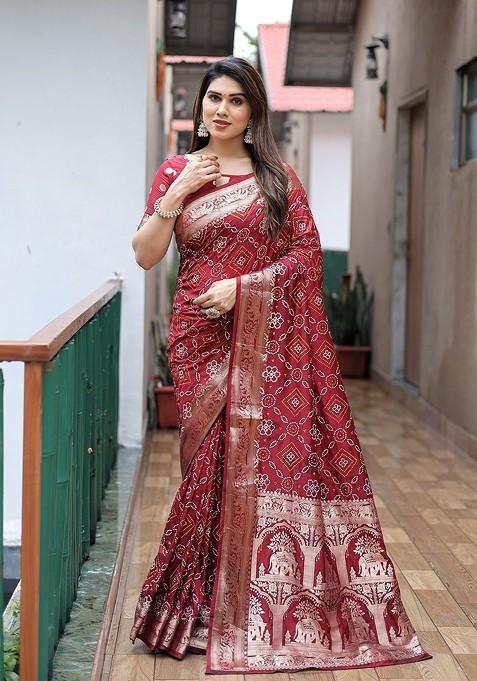 Maroon Bandhani Print Zari Pure Silk Saree Set