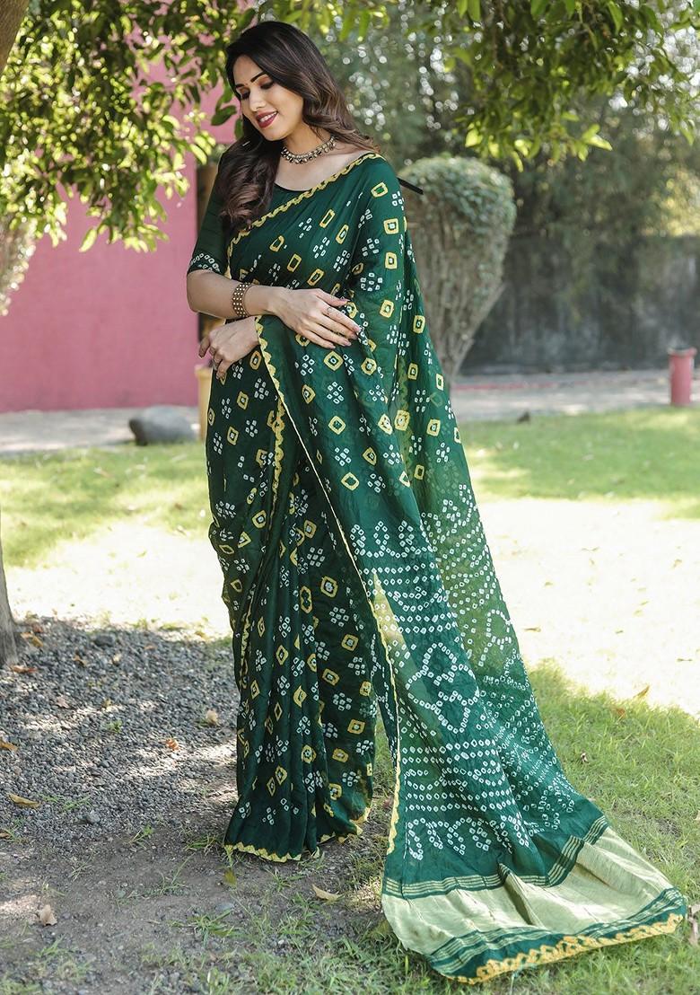 Green Pure Silk Bandhani Saree Set