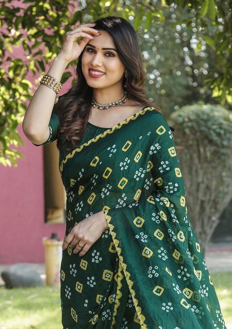 Green Pure Silk Bandhani Saree Set