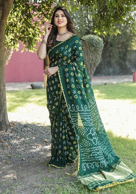 Green Pure Silk Bandhani Saree Set