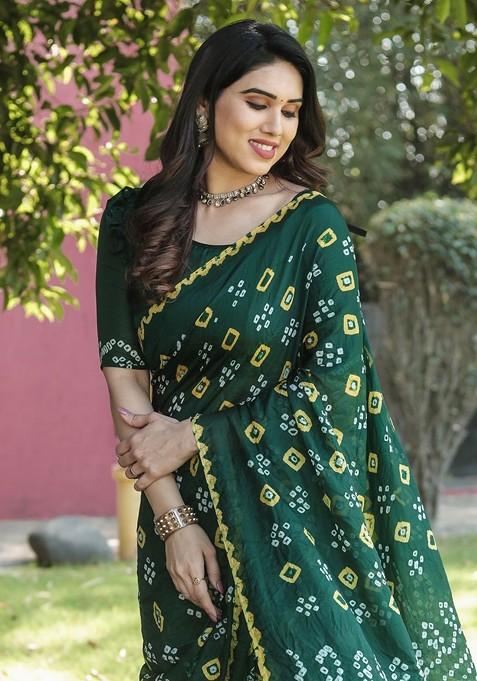 Green Pure Silk Bandhani Saree Set