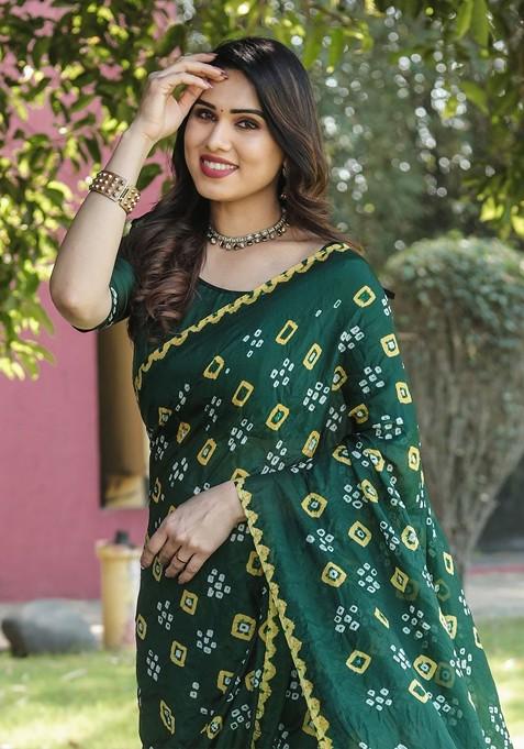Green Pure Silk Bandhani Saree Set