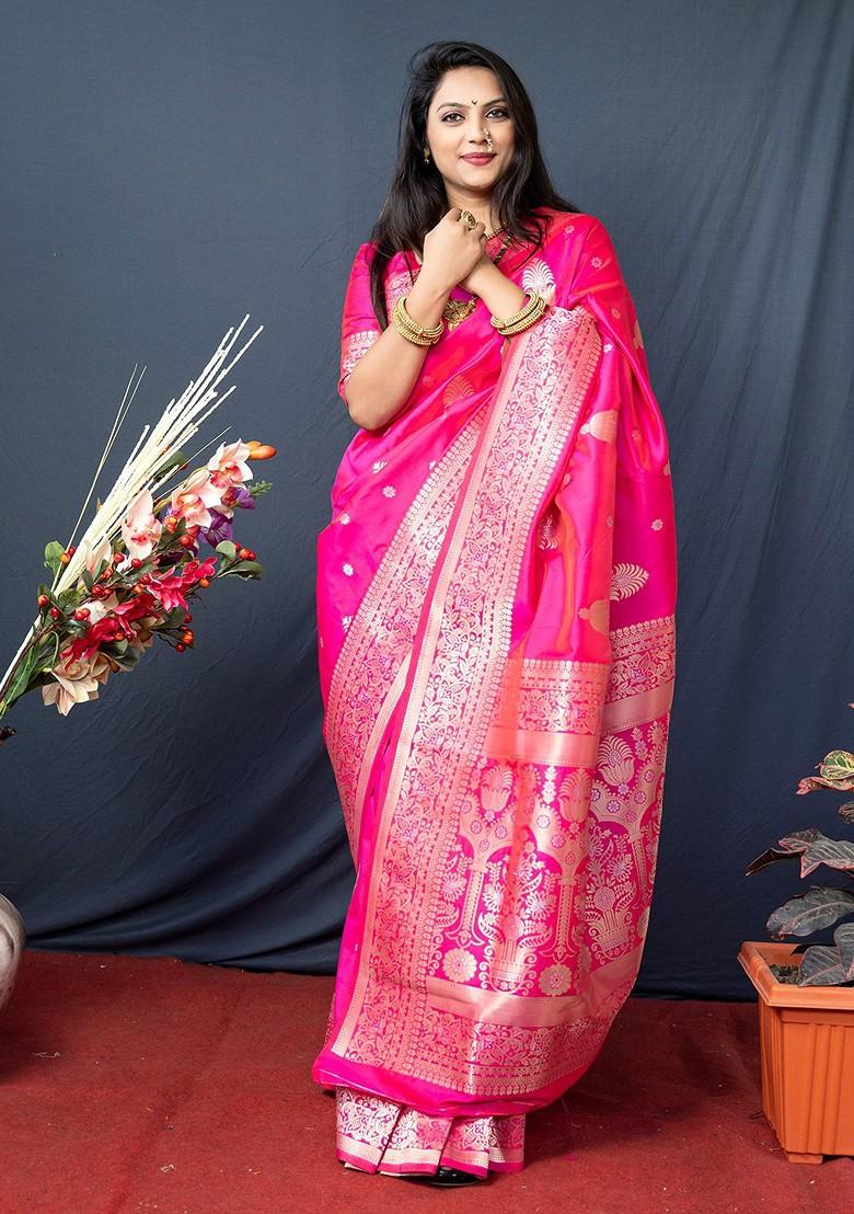 Pink Floral Motif Woven Zari Pure Banarasi Silk Saree Set