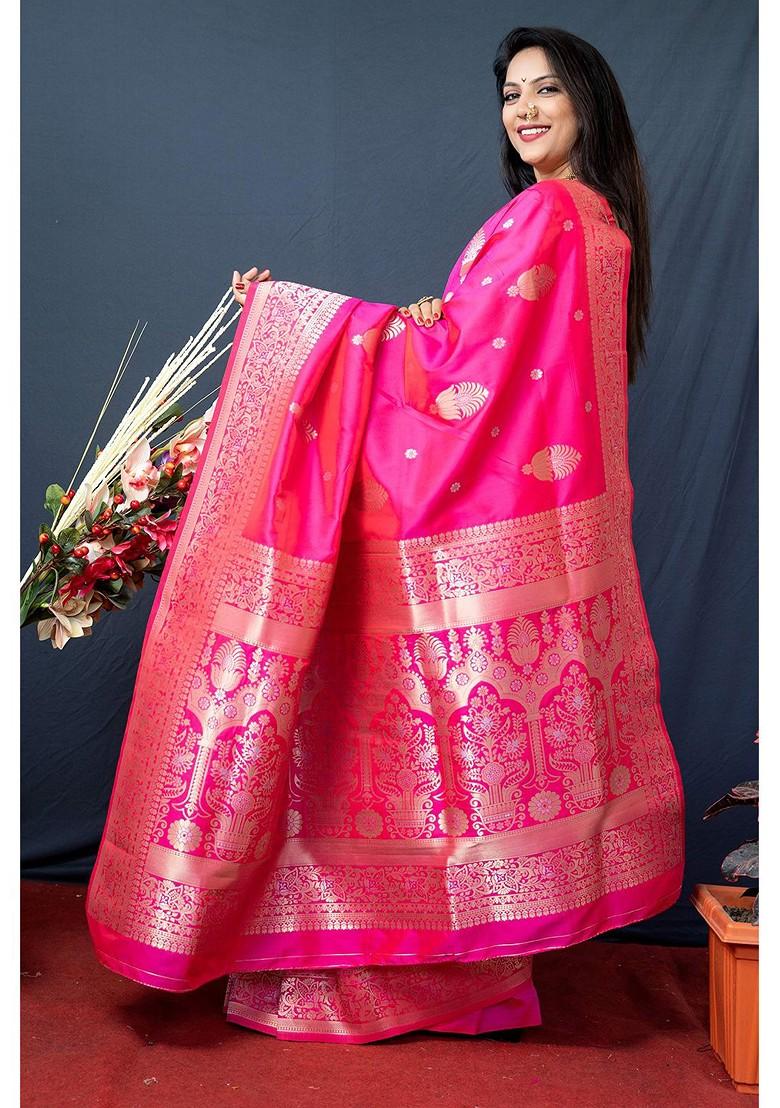 Pink Floral Motif Woven Zari Pure Banarasi Silk Saree Set